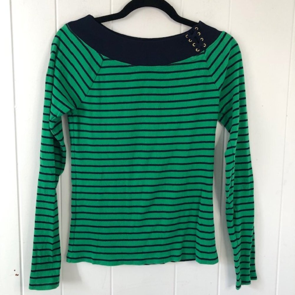 Lauren Ralph Lauren Green and Navy Striped Long Sleeve Top